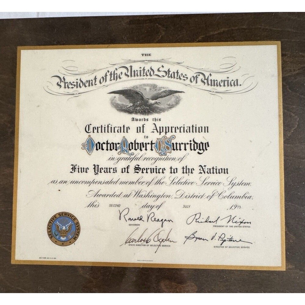 Vintage 1973 Presidential Service Certificate Nixon Reagan Vietnam War Draft